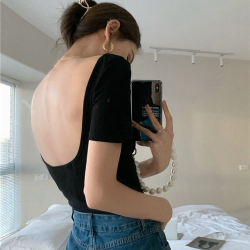 短袖通勤薄款露背螺纹棉女