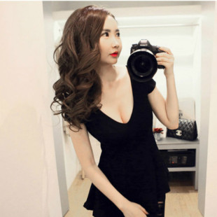 新款 女装 莫代尔大V领性感露胸半袖 大码 荷叶边上衣T恤打底衫 夏季