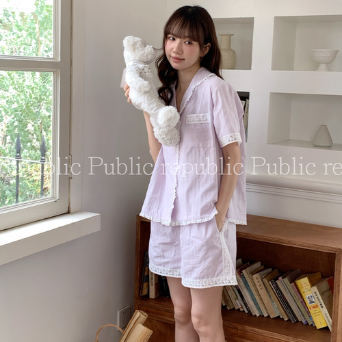 Public republic韩国睡衣女甜美简约蕾丝花边100棉开衫家居套装女