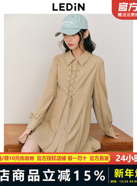 乐町绑带衬衫式连衣裙秋冬灯芯绒衬衫裙美拉德连衣裙CWFAD4459