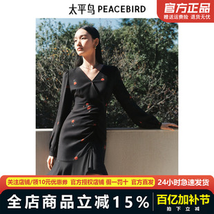 太平鸟雪纺碎花连衣裙女2025春新款长袖短款花边裙摆V领AAFAF1471