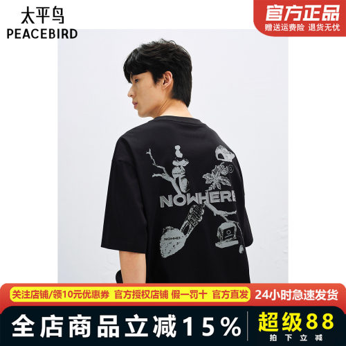 太平鸟男装休闲T恤重磅T恤刺绣印花阔版T恤B2CNF2182