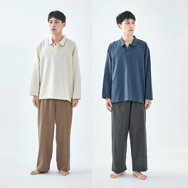 法兰绒开领长袖睡衣男士家居服