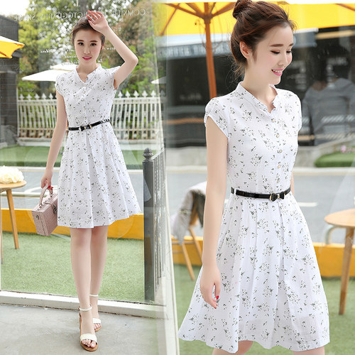 夏季新款修身风立领棉麻连衣裙