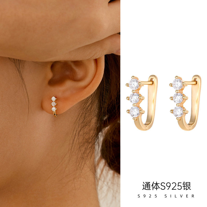 S925纯银简约镀14K金彗星排钻耳环女跨境ins时尚百搭耳饰潮