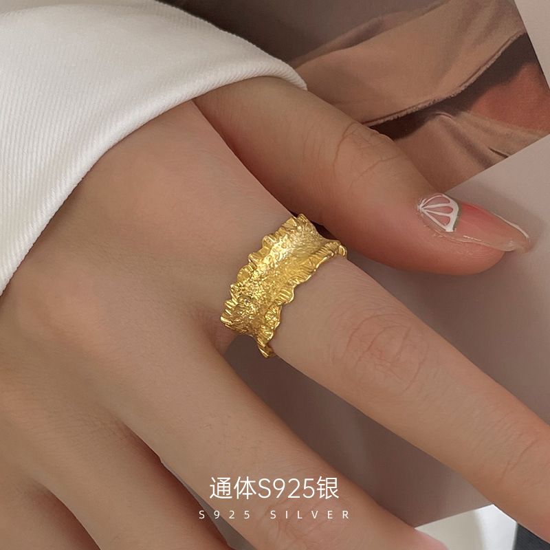 S925银褶皱花边宽面戒指女欧美重工指环指戒小众设计ins风