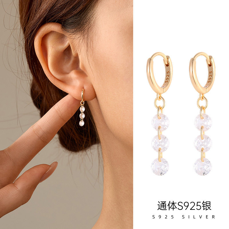 s925纯银感三钻流苏耳环女镀14k金气质法式ins耳圈耳饰