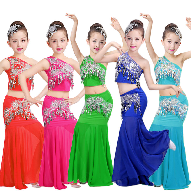 儿童傣族舞蹈服女童孔雀舞演出服少儿傣族舞蹈裙彩云之南舞蹈服装