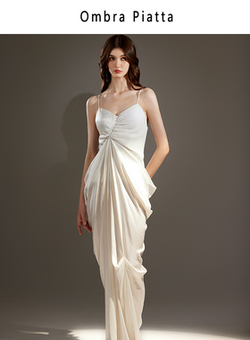 Ombra Piatta小众度假风铜氨丝拼接真丝露背吊带松弛设计感连衣裙