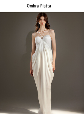 Ombra Piatta小众设计铜氨丝拼蕾丝露背松弛轻奢高级感吊带连衣裙