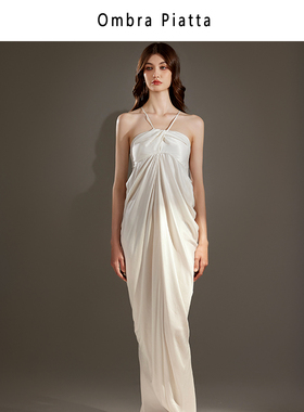 Ombra Piatta小众设计铜氨丝露背松弛感暗黑淡系独特系带长连衣裙