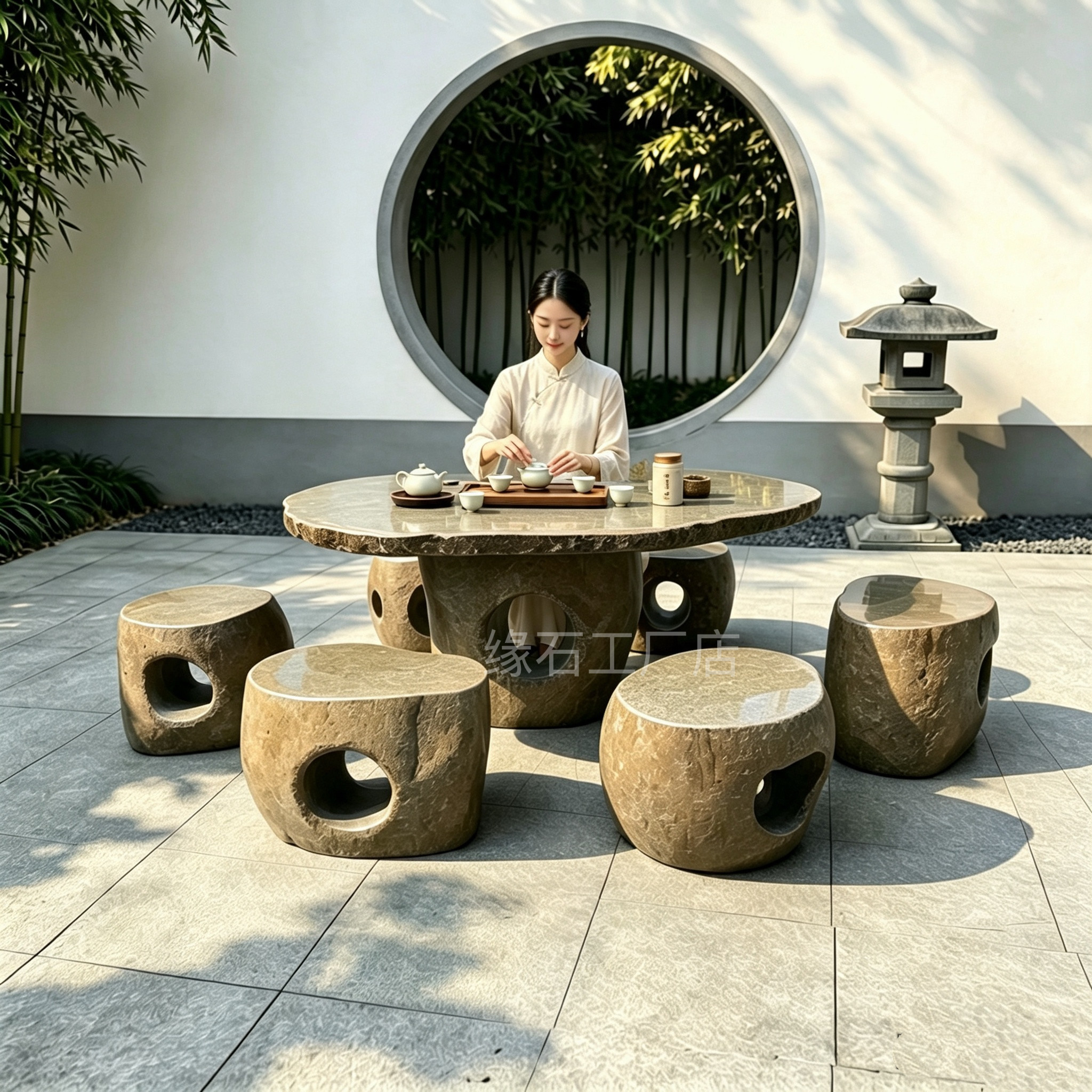石桌石凳鹅卵石别墅椅花园石头家用椅台公园整石椅茶台桌院户外石