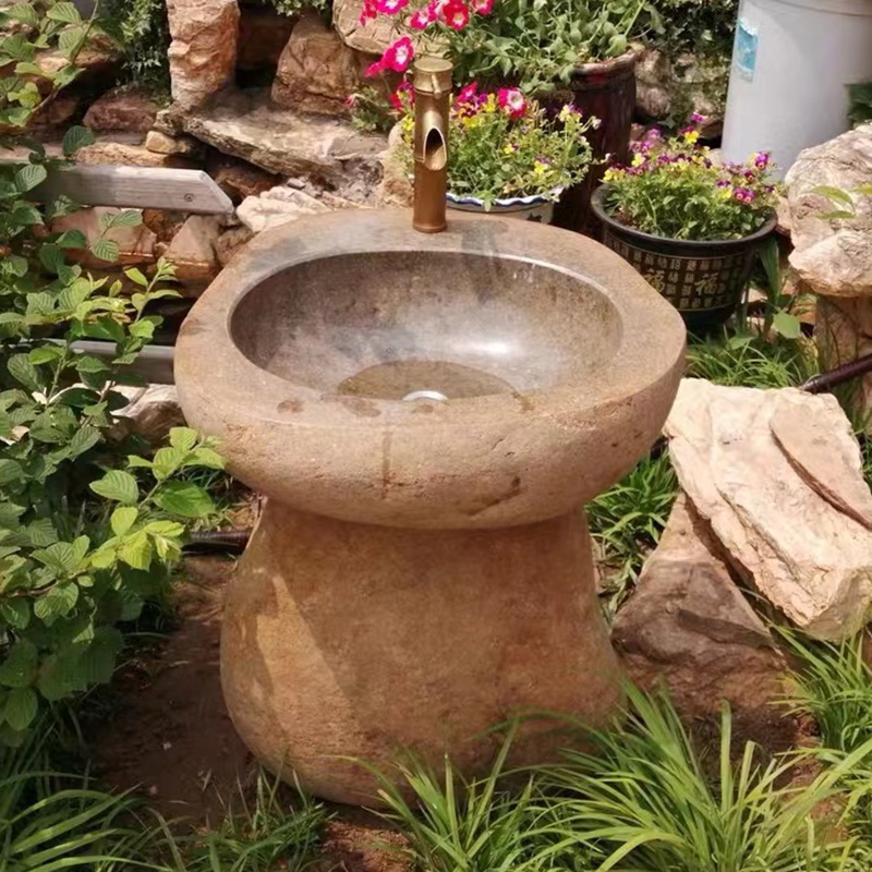 原石鹅卵石洗手盆落地儿童圆柱盆庭院阳台复古户外石雕装饰别墅