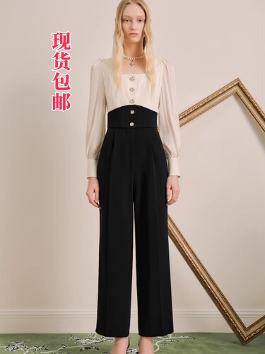 春季新款高腰长款修身拼接连体裤