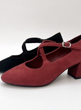 柜雅氏女鞋柔软舒适高跟鞋粗跟真皮交叉绑带浅口软皮软底婚宴单鞋