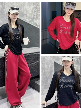 春季新款时尚撒银抽绳长袖休闲宽松莫代尔上衣广场舞曳步舞女CXD