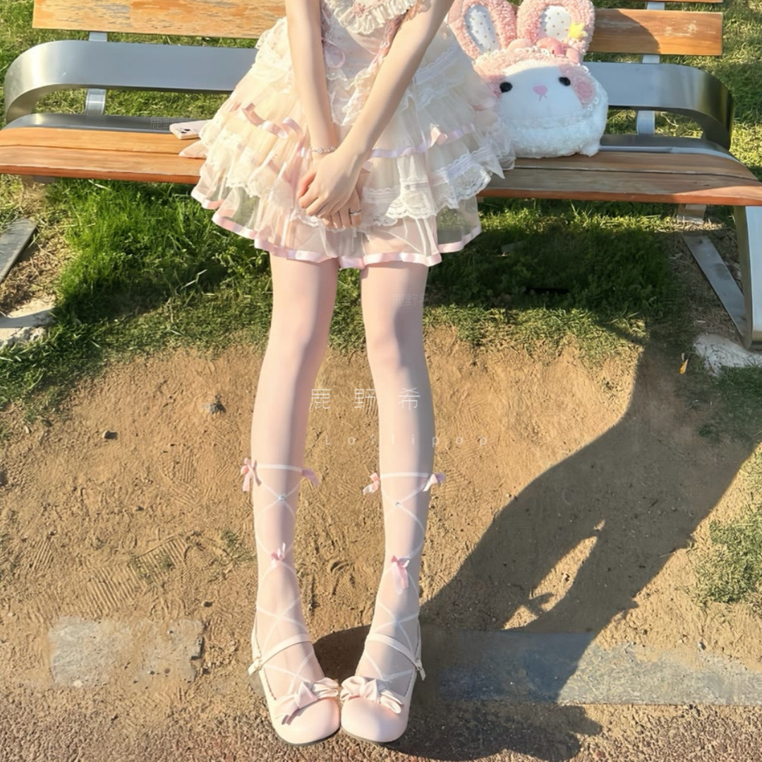 日系洛丽塔少女蝴蝶结珍珠丝袜薄纯欲黑丝Lolita交叉绑带连裤袜女