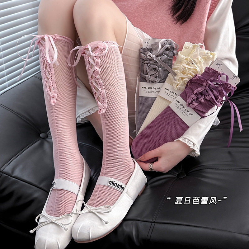 春夏日系软妹可爱绑带镂空jk中筒袜学生洛丽塔少女粉色堆堆袜子薄