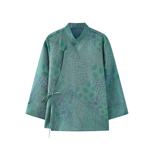 JINYU矜羽【青砚】青绿新中式浮光锦上衣 盘扣宽松禅意衬衫