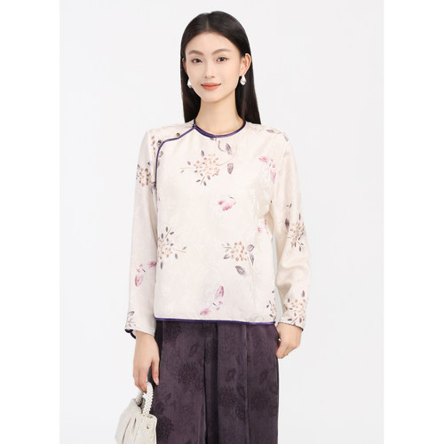JINYU矜羽（时夏）蝴蝶平罗新中式桑蚕丝提花打底唐装上衣