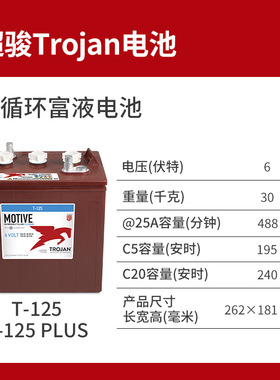 Trojan邱健电池 T-125PLUS 6V240AH洗地机观光车高尔夫球车电瓶