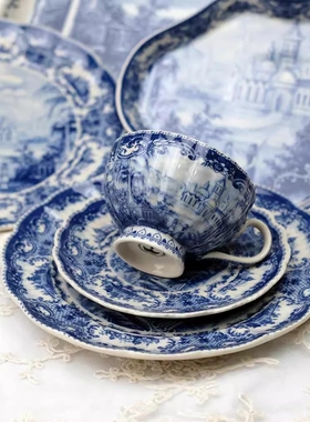 出口单 量少售完无补 收藏欧式蓝色建筑陶瓷盘 蕾丝边花朵咖啡杯