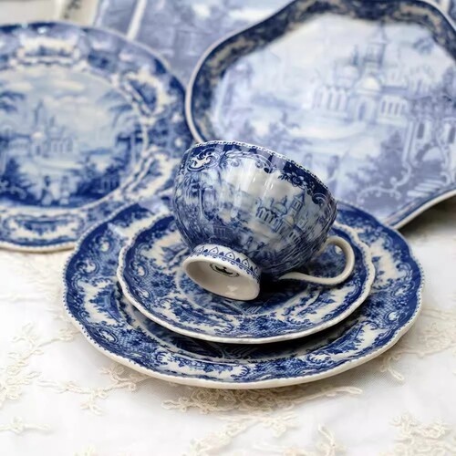 出口单 量少售完无补 收藏欧式蓝色建筑陶瓷盘 蕾丝边花朵咖啡杯