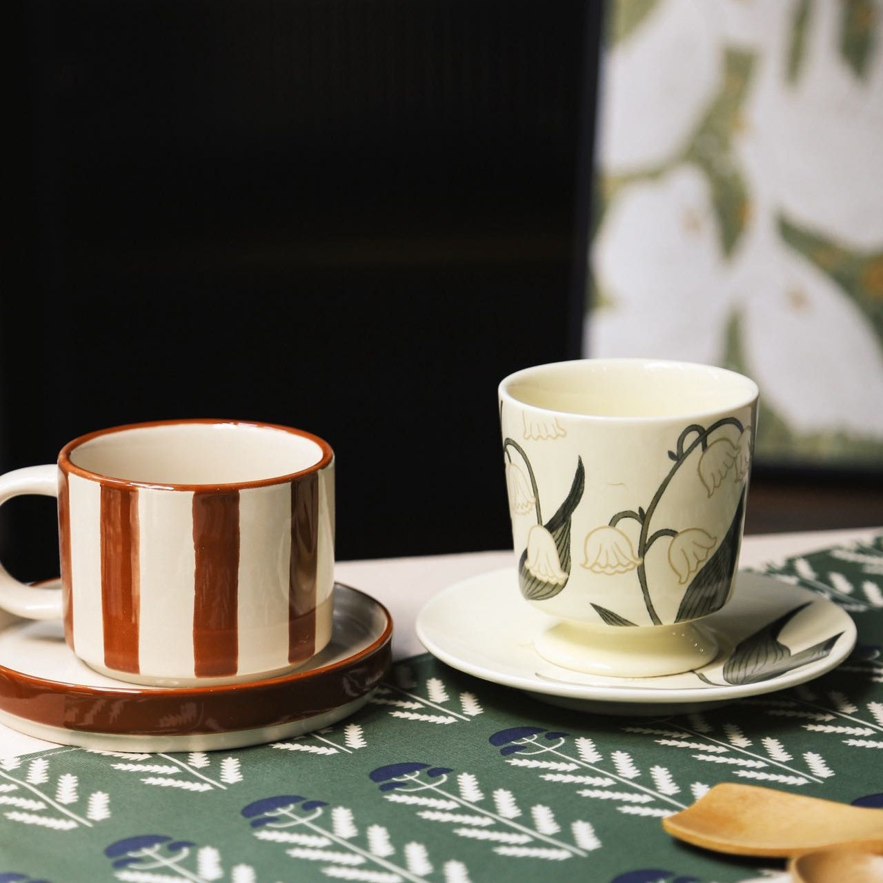 皿集|中古风条纹陶瓷杯盘套装 家用浓缩咖啡杯 高颜值下午茶杯碟