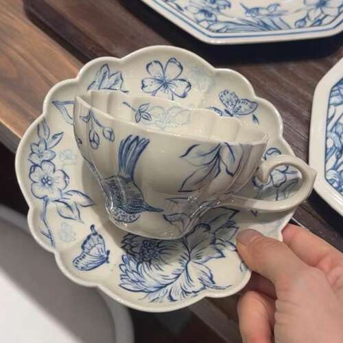 丛一好物汐月堂手作复古青花陶瓷化妆土咖啡杯手绘拉花拿铁杯手握