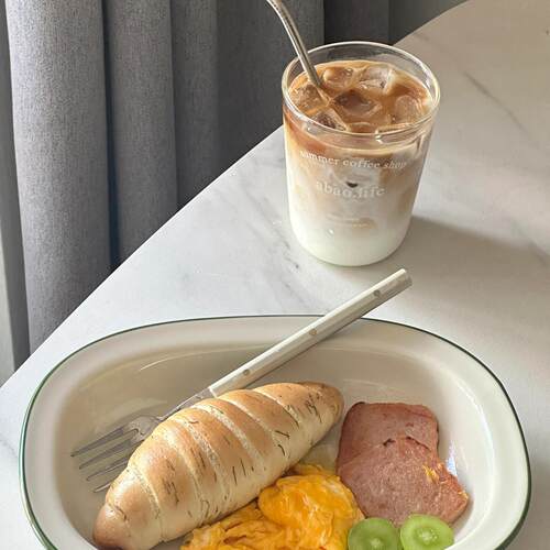 收集时光 Camus say棕绿手绘宽边椭圆深盘 烤鸡腿烤蔬菜 沙拉深盘