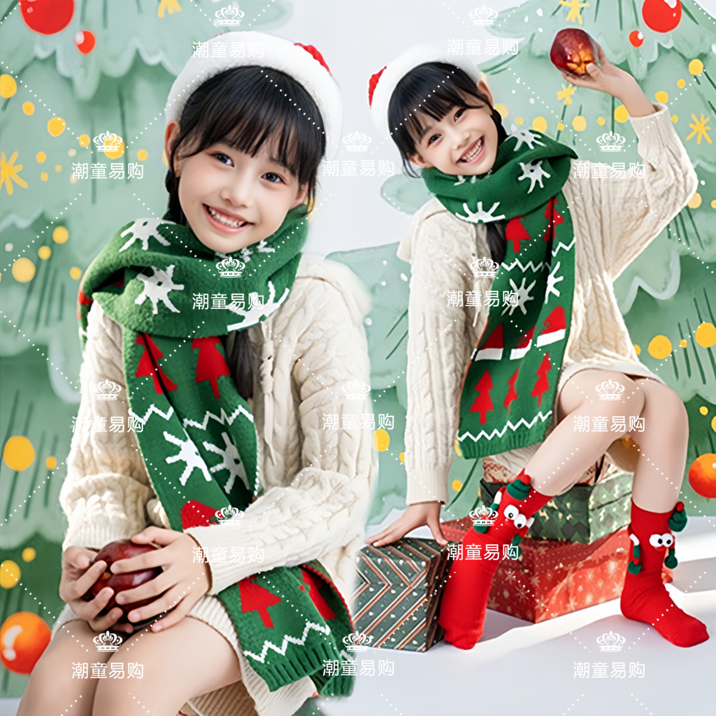 2025新款女童新年圣诞毛衣写真服
