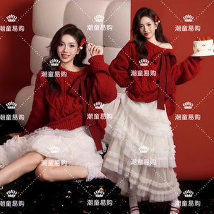 女士圣诞喜庆红色毛衣主题摄影写真闺蜜亲子装2026新年个性潮服装