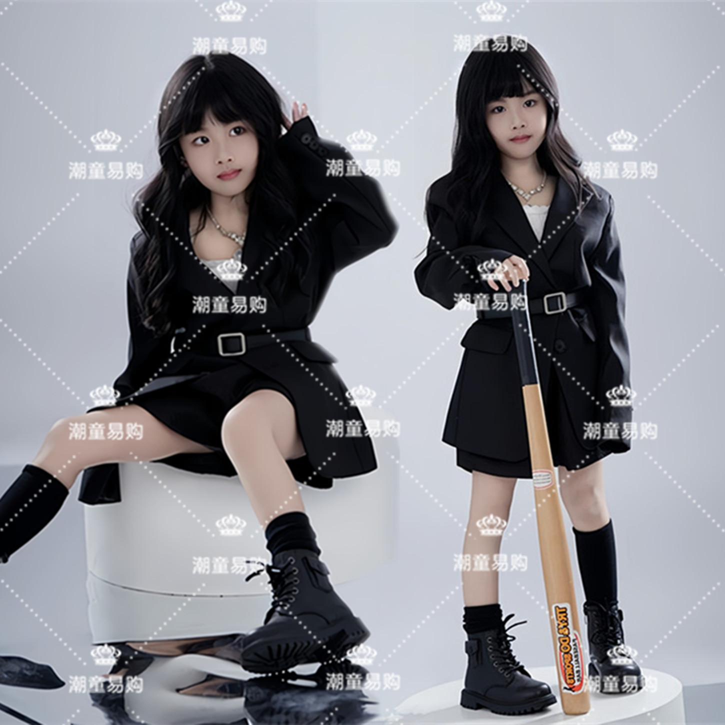 女童黑色加长西装潮童T台走秀服