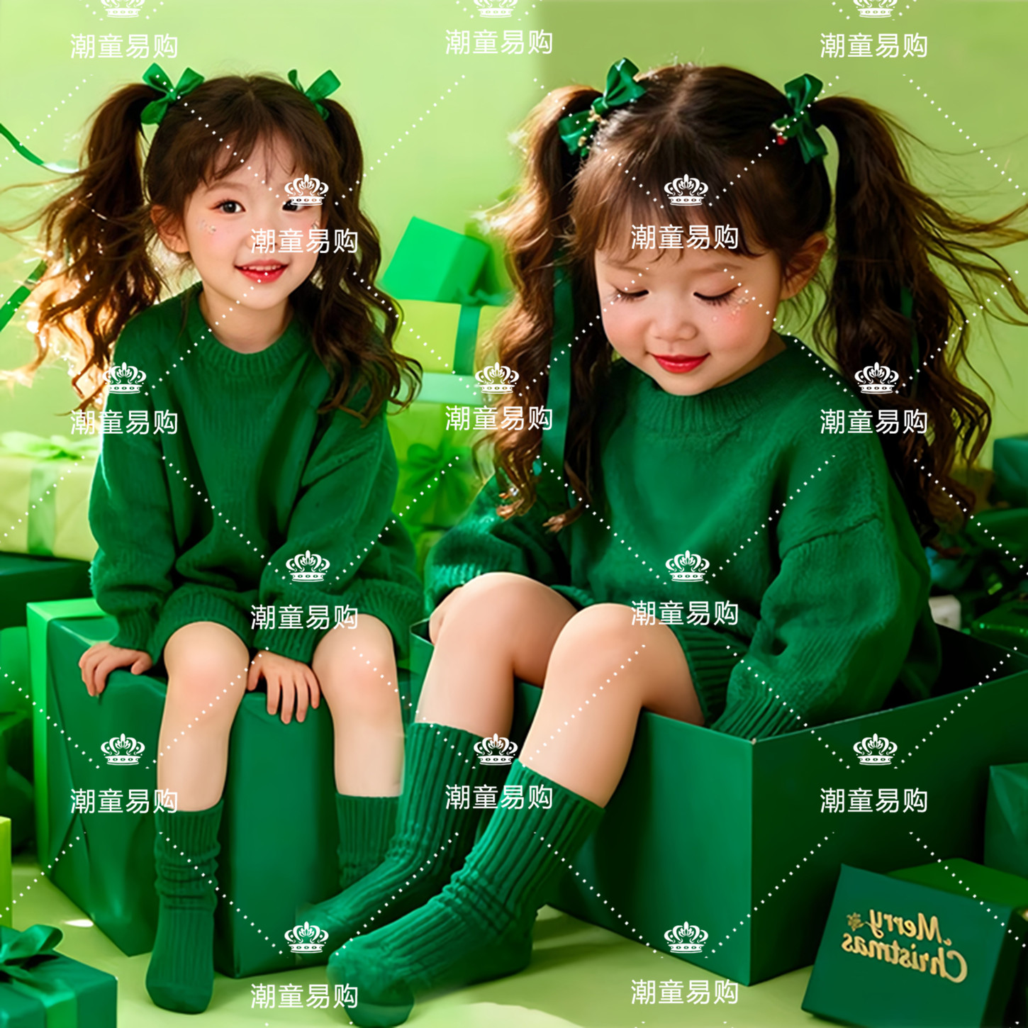 女童圣诞绿色毛衣摄影写真潮服装