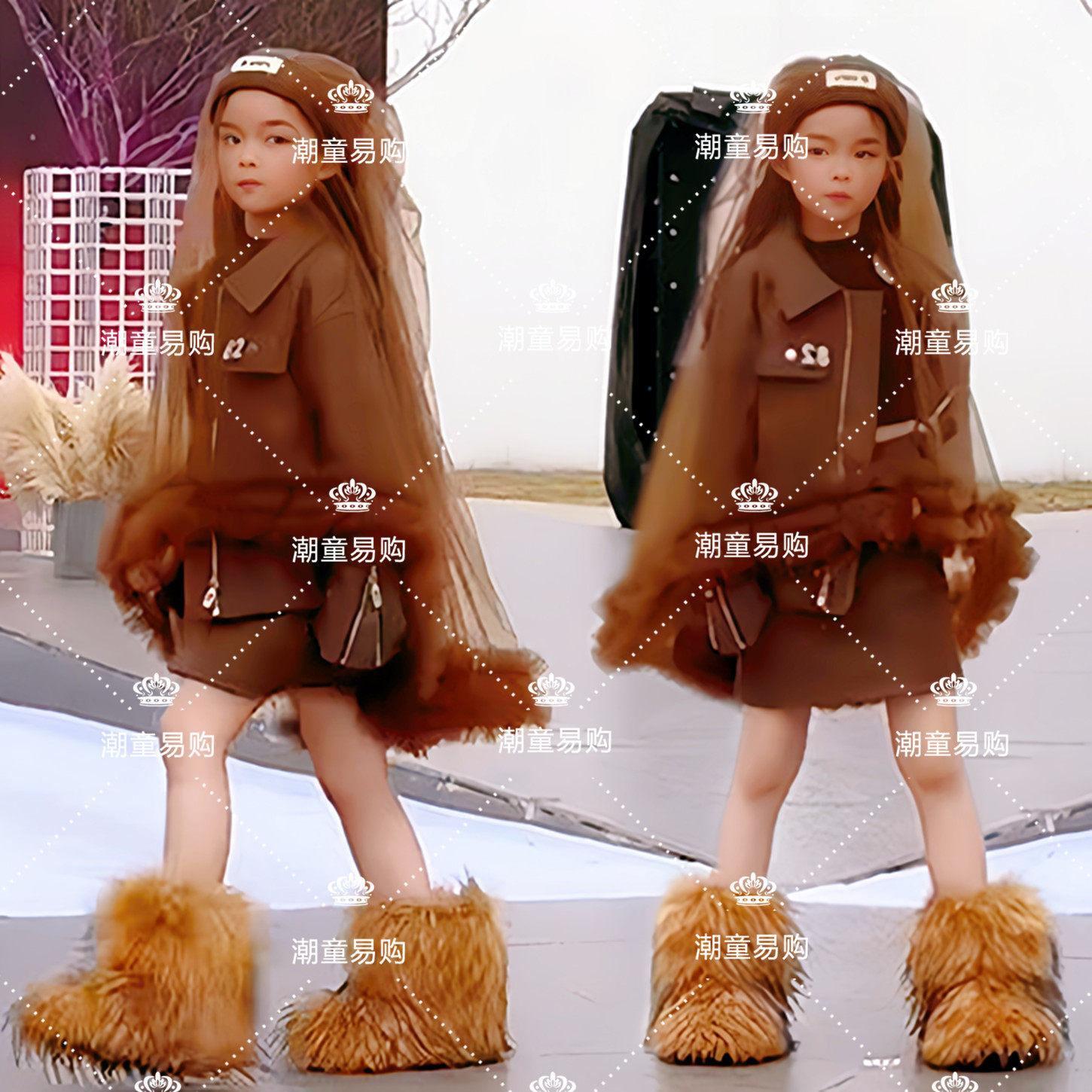 儿童复古风棕色皮衣主题模卡舞台表演模特T台走秀演出服女童写真