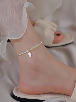 999足银碎银和田玉脚链女小众古风平安招财纳福足链首饰2025新款