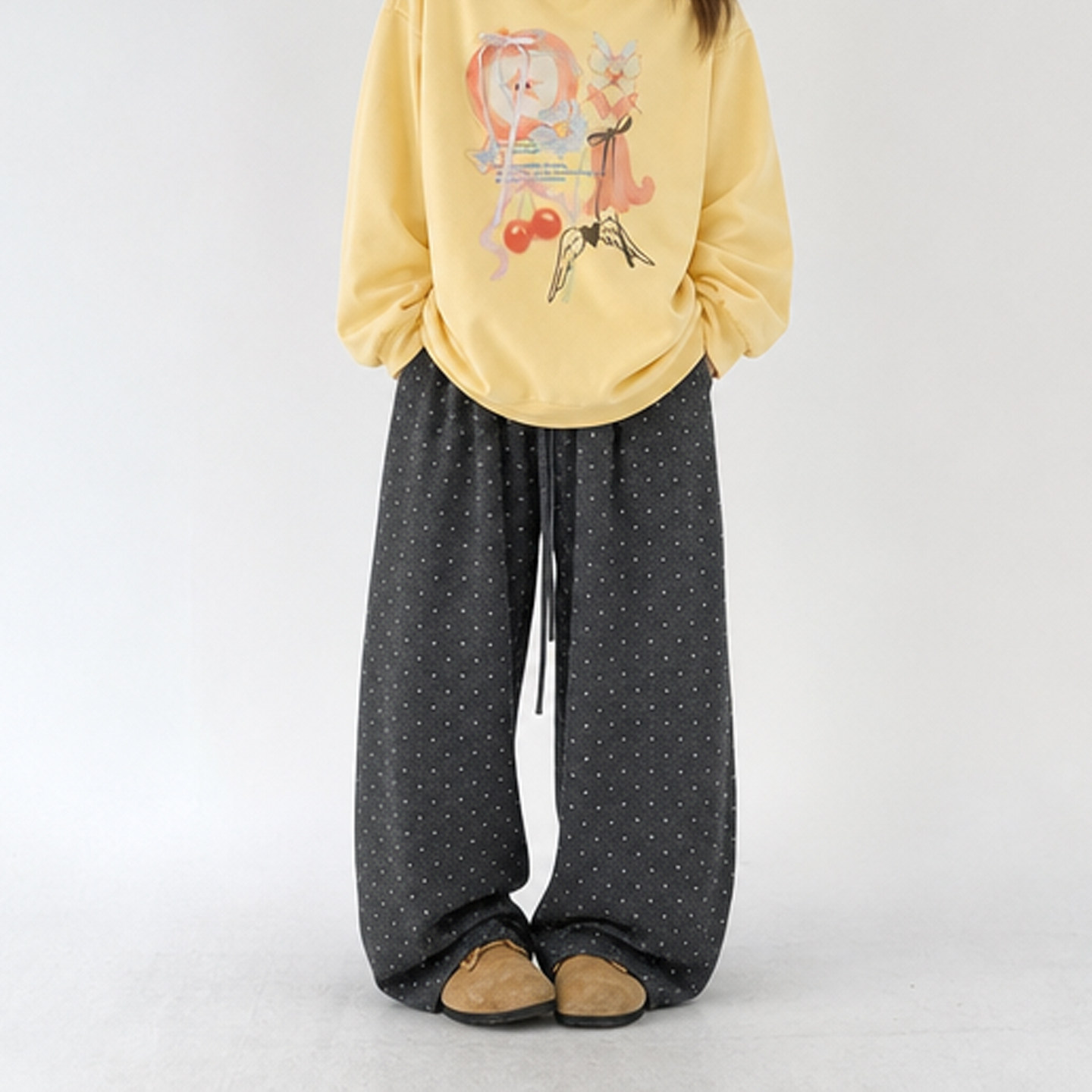 娜比所 灰色波点阔腿裤女2026秋新款韩版抽绳垂感宽松高腰拖地裤