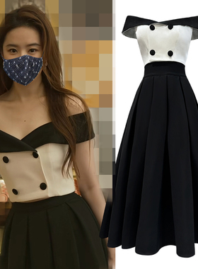 玫瑰故事黄亦玫明星同款西服上衣加半身裙一字肩A字裙气质西装