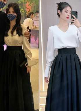 白色v领衬衣长袖上衣加黑色蓬蓬裙两件套高级感衬衫长裙A字裙套装
