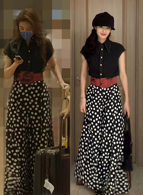 黑色无袖衬衣加阔腿裤两件套玫瑰故事黄亦玫同款衬衫长裤高腰裤