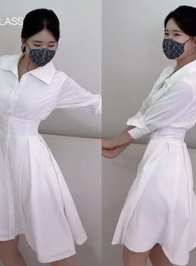 白色连衣裙女衬衫裙中长款明星同款a字裙伞裙夏季显瘦衬衣裙子