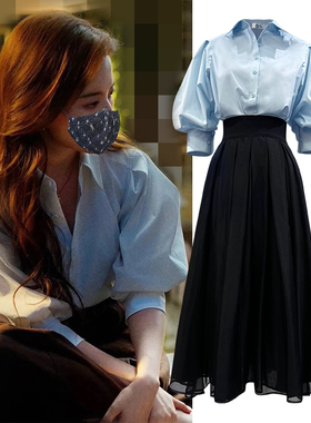 衬衫女玫瑰故事明星同款泡泡袖百搭上衣夏季宽松简约法式短袖衬衣