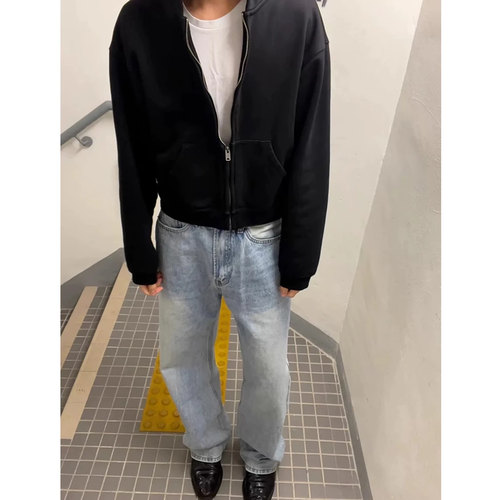 美式复古高街连帽短款开衫卫衣男