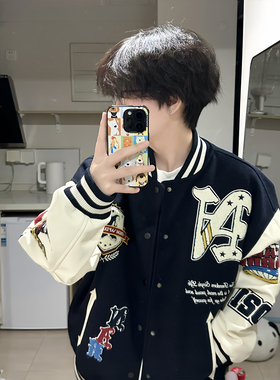 美式复古徽章刺绣棒球服外套男女秋冬新款重磅加厚宽松飞行员夹克