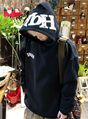 新款美式高街贴布字母刺绣连帽卫衣秋冬男款宽松慵懒加绒加厚外套