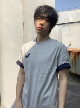 美式高街复古撞色拼接小狗刺绣短袖T恤男设计感小众潮牌同款上衣