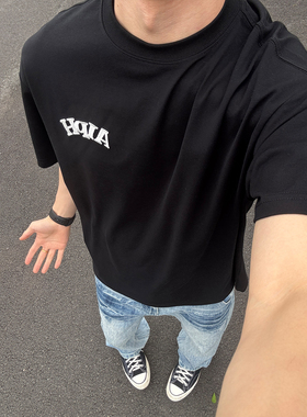 美式重磅高街字母刺绣短袖T恤男女圆领宽松纯棉潮牌同款情侣上衣