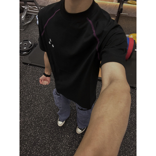 高街明线短袖 T恤男女拼接宽松运动上衣 速干户外抗菌凉感美式 新款