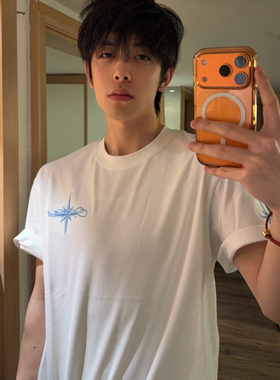 新款美式高街男款短袖T恤白色刺绣圆领潮牌高级感宽松休闲上衣T恤