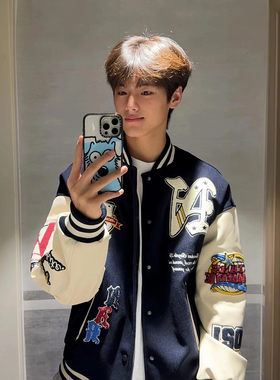 新款美式街头毛巾绣徽章字母棒球服外套男女宽松加厚同款高街夹克